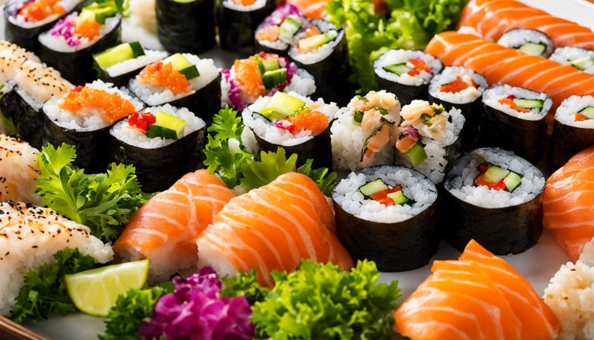 Un plato de coloridos rollos de sushi con diferentes tipos de pescado, verduras y arroz, bellamente dispuestos.