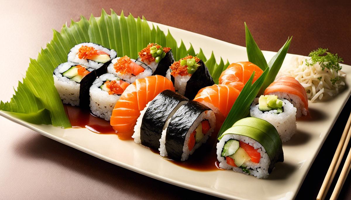 Un delicioso plato de rollos de sushi, bellamente adornado.