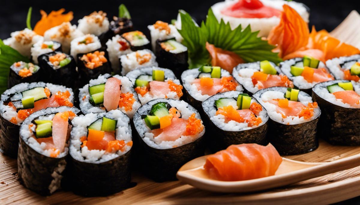Delicious sushi rolls with various fillings, beautifully arranged on a plate