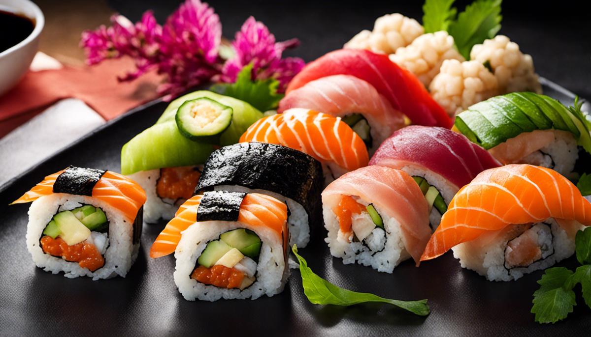 Varios rollos de sushi de colores dispuestos en un plato