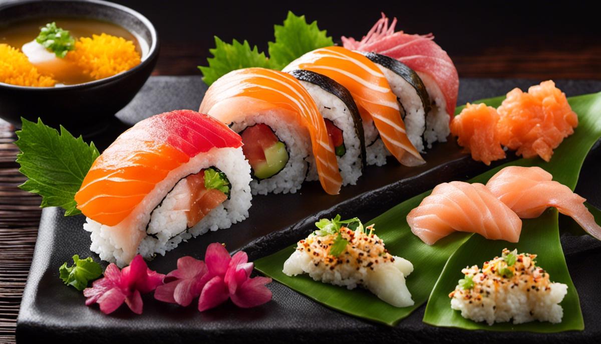 Imagen de un plato con varios rollos de sushi y platos de sashimi que se presentan ingeniosamente y se ven apetitosos