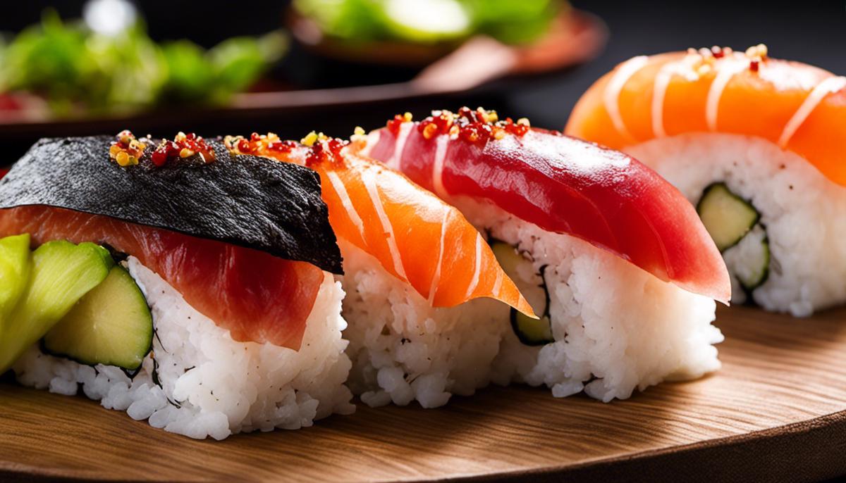 Verschiedene Sushi-Saucen, wie Peri-Peri, Sambal, Kiku-Miso und Trüffel-Öl, um die Vielfalt und Innovation in der Welt der Sushi-Saucen zu zeigen