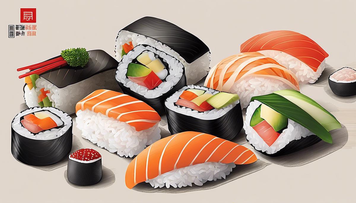 Illustration with four different sushi rolls, each representing a season and containing different seasonal seafood according to the text description.