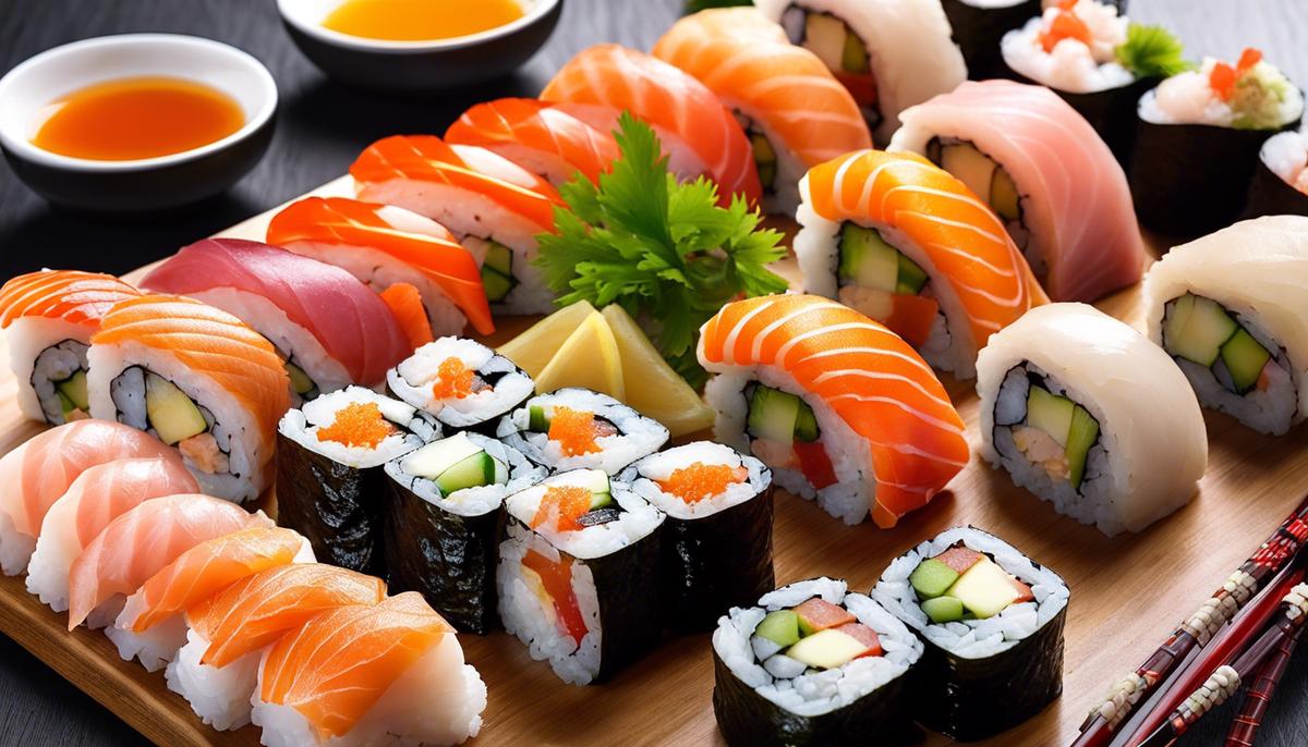 Una imagen visualmente atractiva que muestra un plato de varios rollos de sushi y nigiri, bellamente arreglados y listos para ser disfrutados.