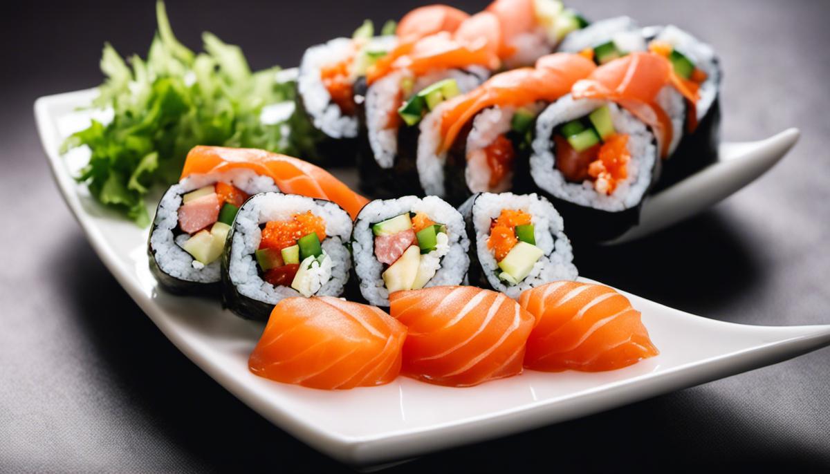 Una imagen en primer plano de un delicado plato de rollos de sushi, con un pequeño plato de salsa de soja al lado.
