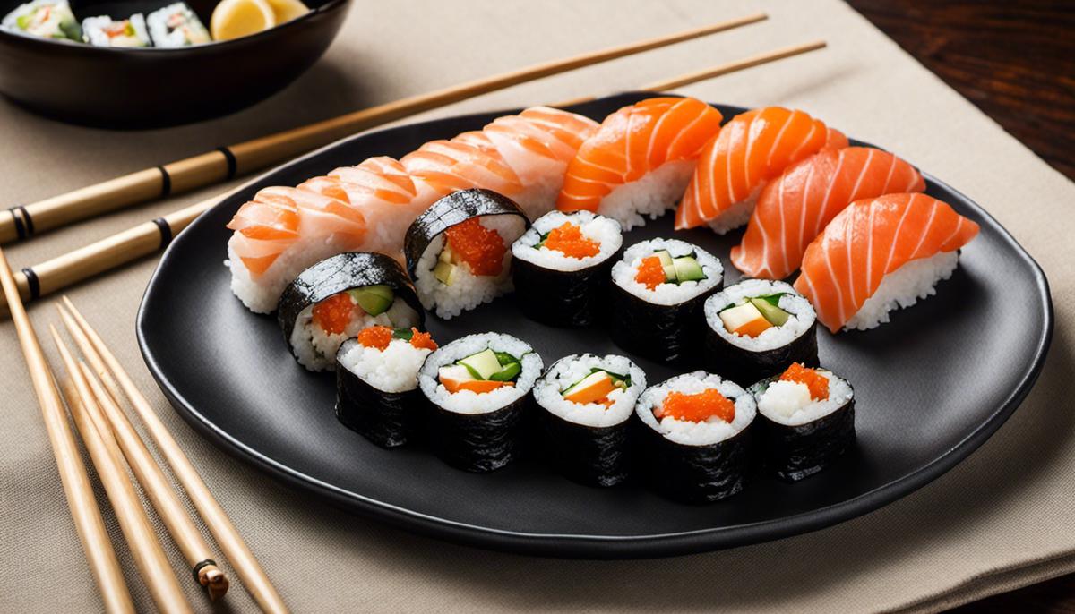 Un hermoso arreglo de sushi con un elegante plato para servir y un tazón de salsa de soja, que muestra la estética y la tradición de la cocina japonesa.