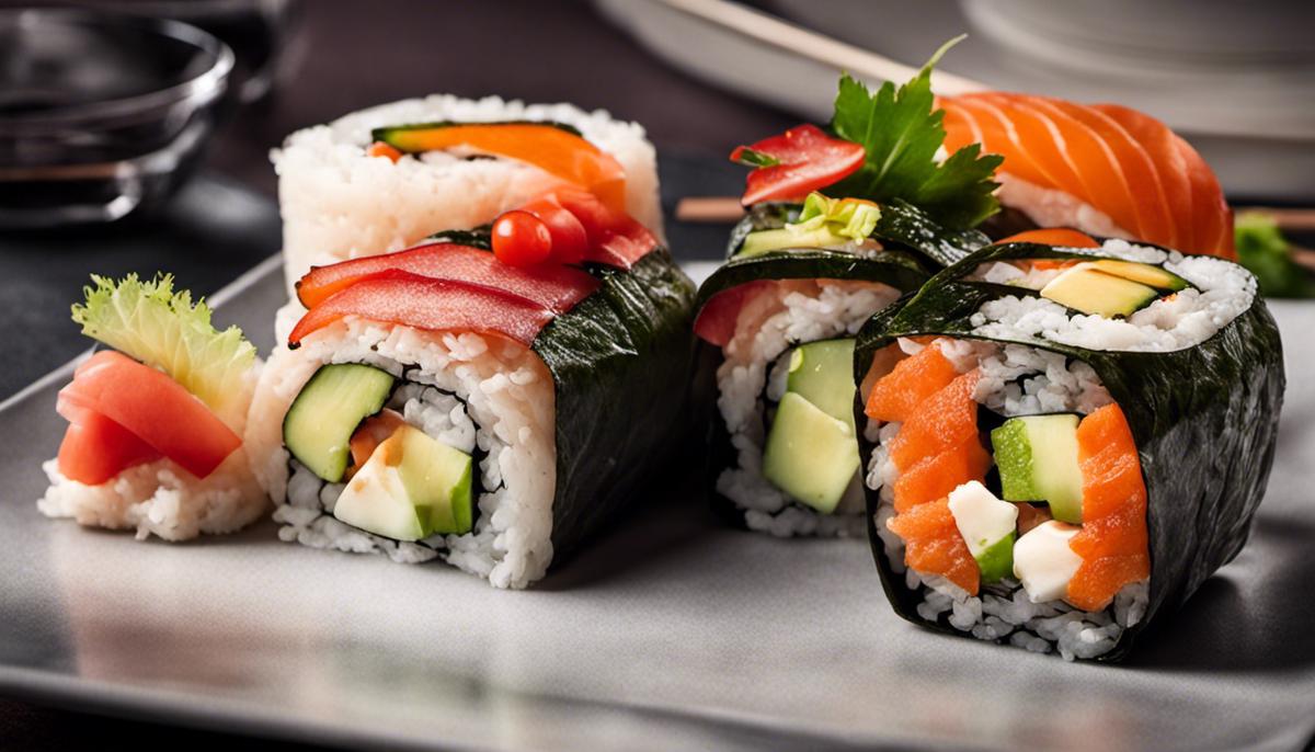 Un rollo de sushi en un recipiente, almacenado adecuadamente en un ambiente fresco