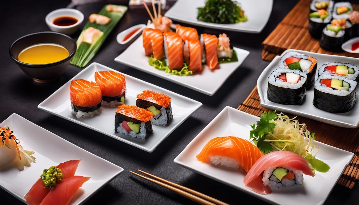 Descripción de la imagen: Una imagen de sushi y comida callejera uno al lado del otro, destacando su atractivo visual y su significado cultural.
