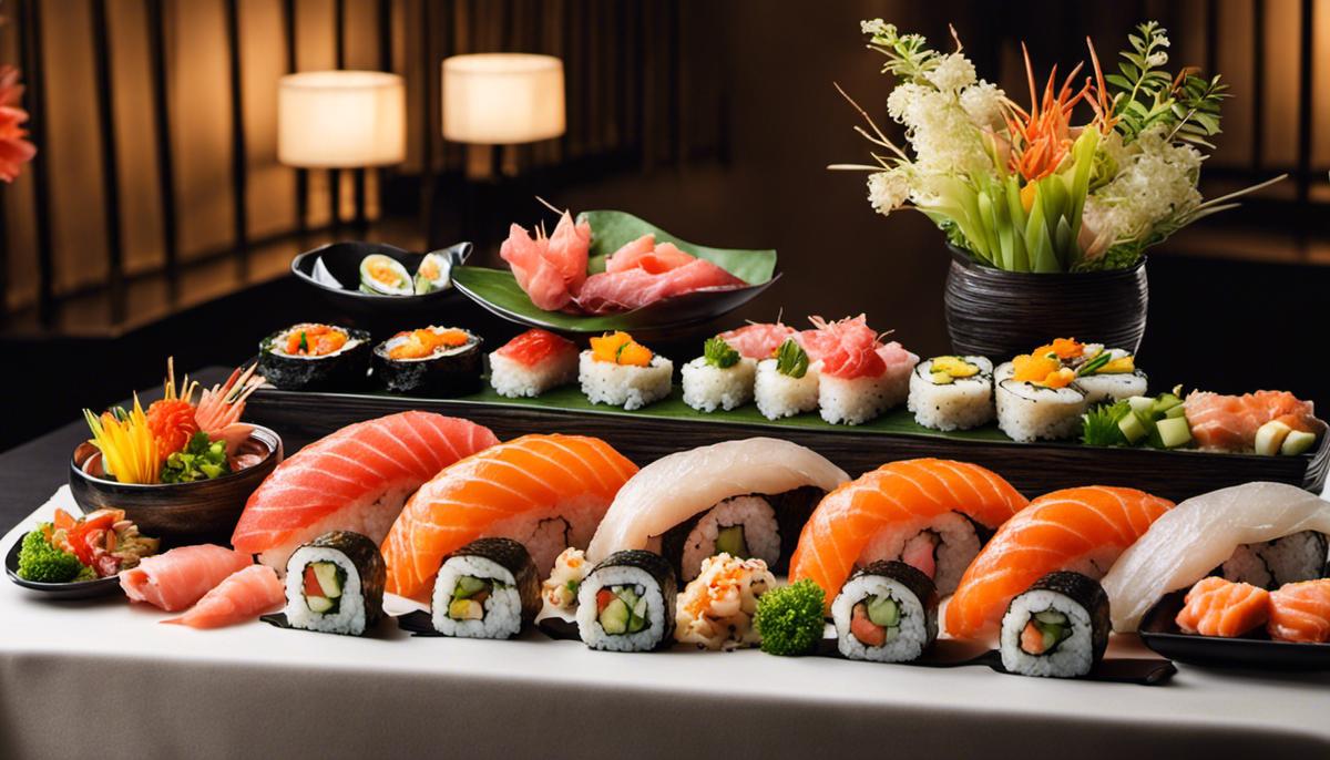 Una mesa de sushi bellamente dispuesta con varios rollos de sushi, sashimi y guarniciones, creando una configuración estéticamente agradable y acogedora.