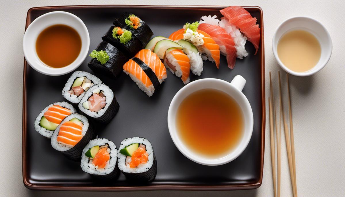 Un plato de sushi acompañado de una taza de té