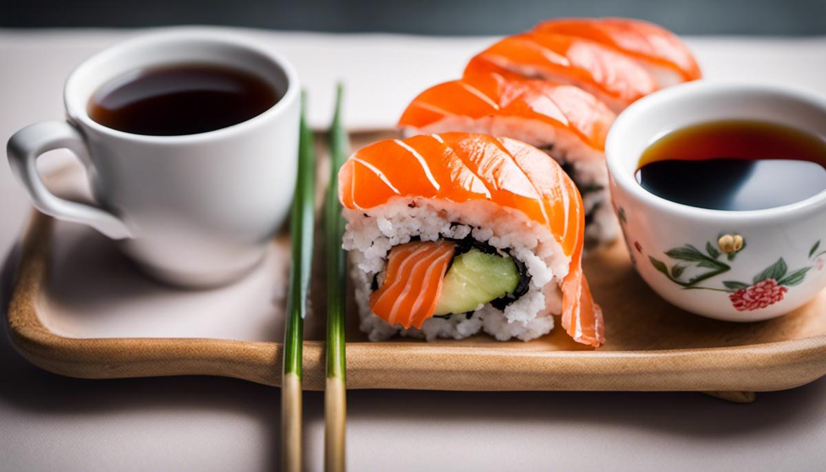 Imagen que representa un plato de sushi y una taza de té, mostrando la combinación de sushi y té para una persona con discapacidad visual