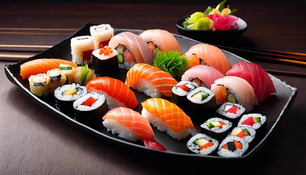 Una imagen de diferentes variedades de sushi que representan los diversos sabores y la influencia regional del sushi en Japón.