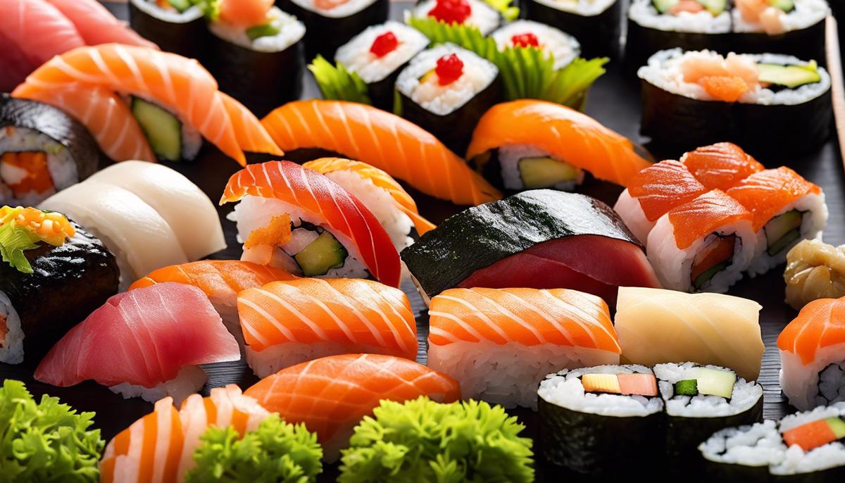 Imagen que representa varios tipos de rollos de sushi y nigiri, mostrando la diversidad y belleza del sushi.