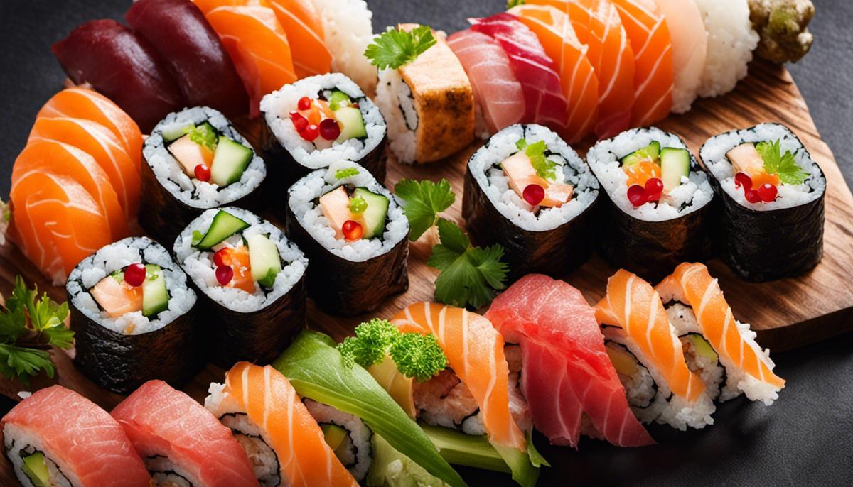 Imagen de rollos de sushi bellamente arreglados con colores vibrantes y guarniciones
