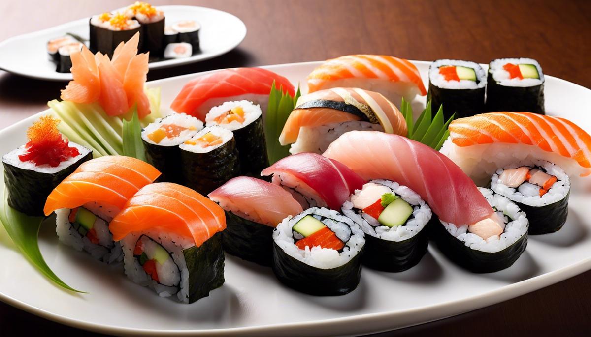 A plate of sushi with various types of rolls, nigiri, and sashimi, showcasing the exquisite culinary art of Japan