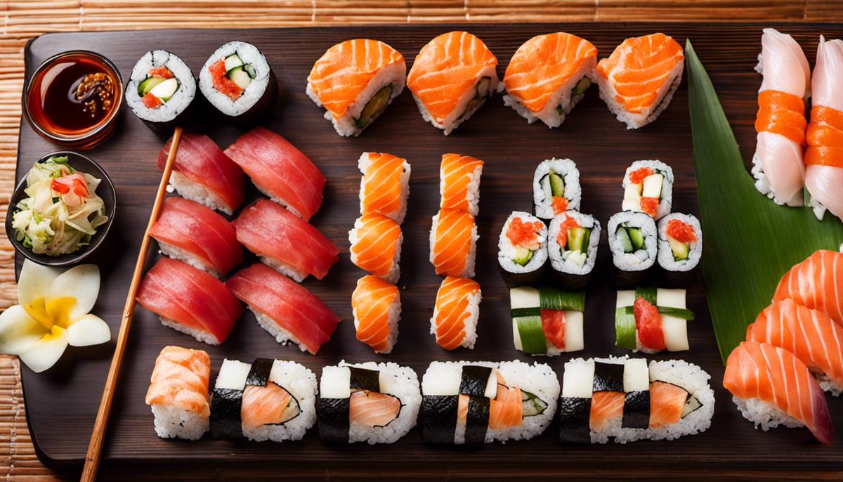 A traditional sushi platter with a variety of rolls and nigiri. The sushi is beautifully presented on a wooden tray.