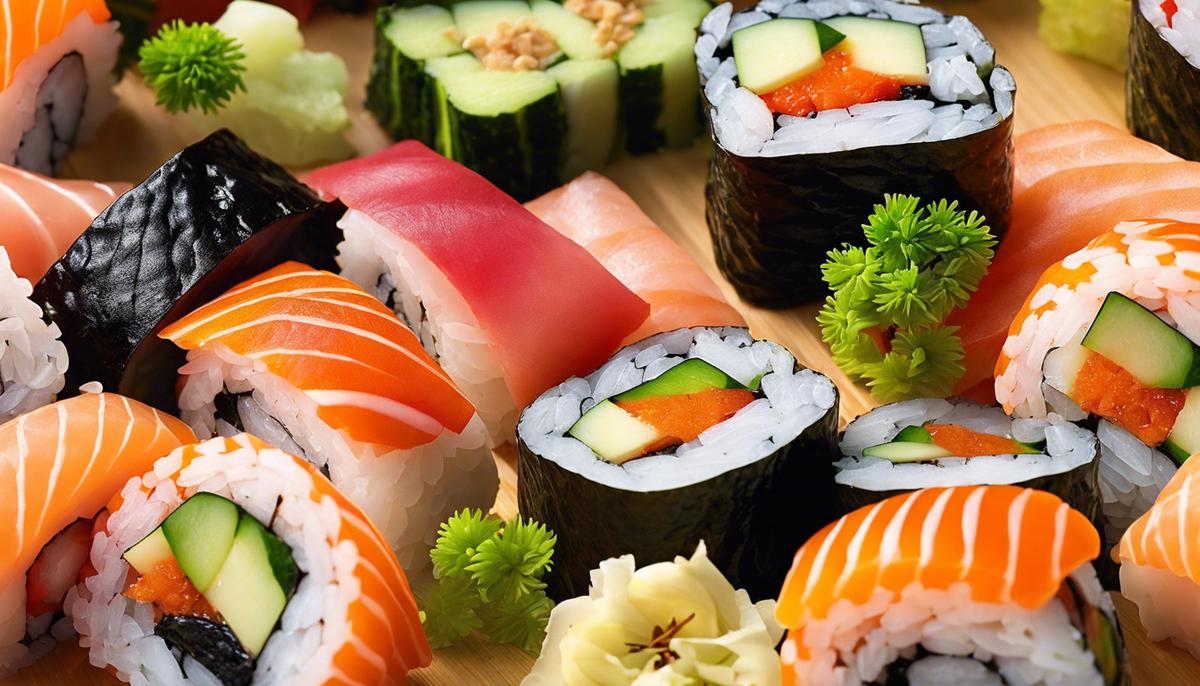 Una imagen en primer plano de un rollo de sushi bellamente preparado, que muestra colores vibrantes y detalles intrincados.