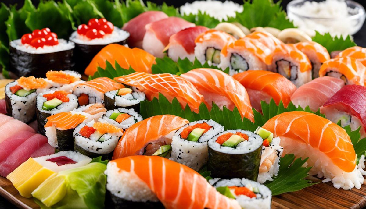 Un plato visualmente agradable de varios rollos de sushi y sashimi con colores vibrantes y presentación artística.