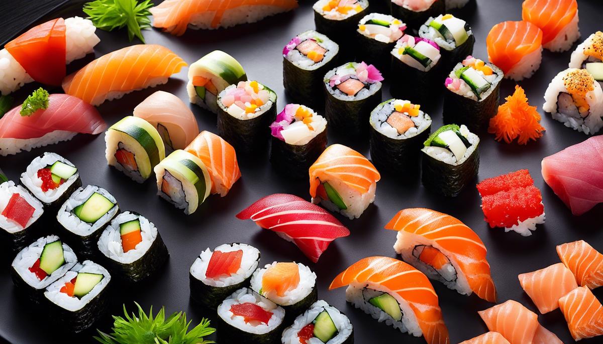Una imagen que muestra varios rollos de sushi y combinaciones creativas de sushi