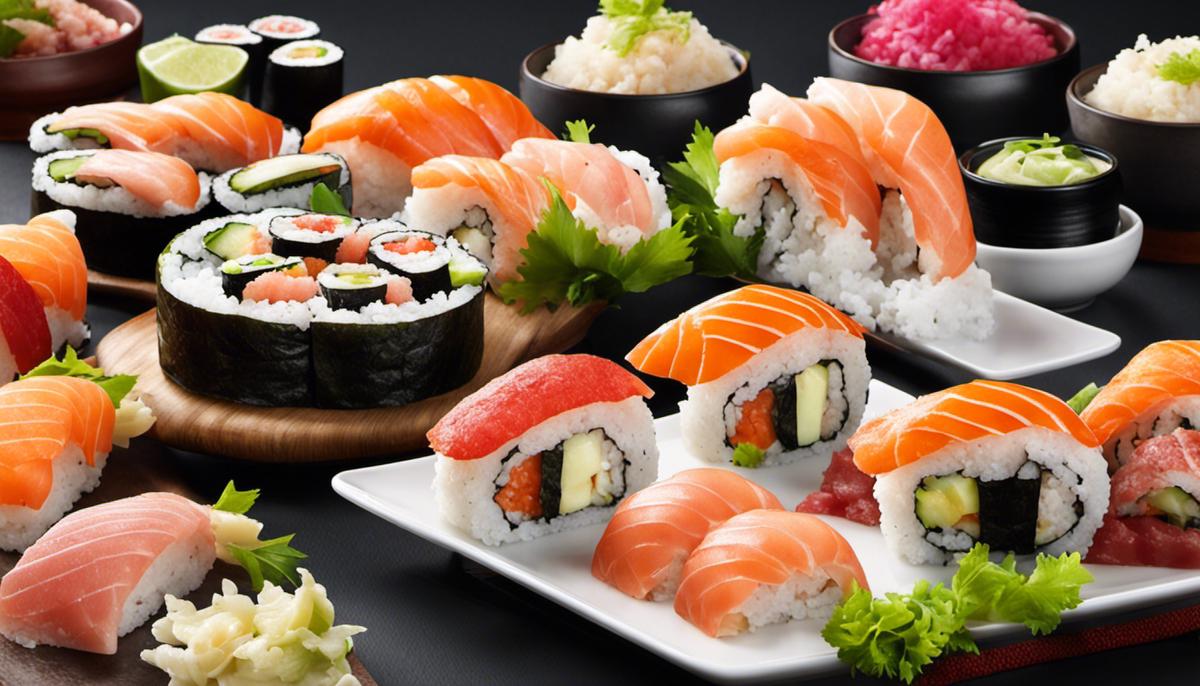 Illustration, die verschiedene Elemente des Sushi-Trends zeigt, darunter verschiedene Zutaten und Zubereitungsstile.
