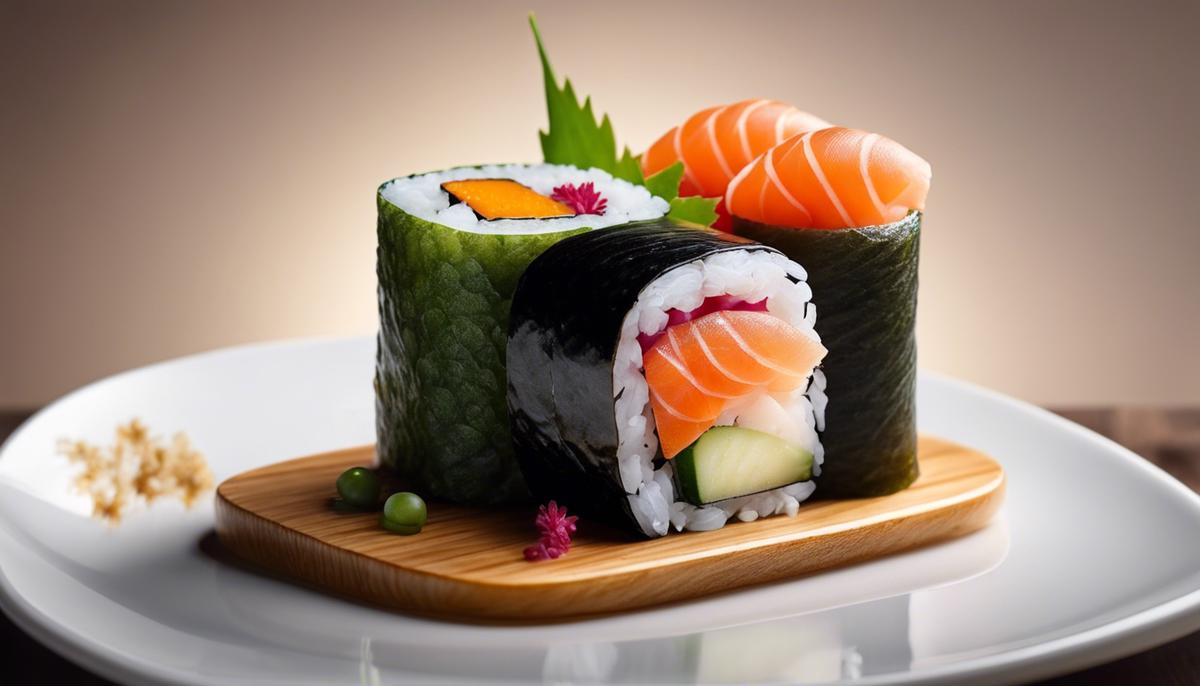 Diferentes tipos de sushi dispuestos maravillosamente en un plato