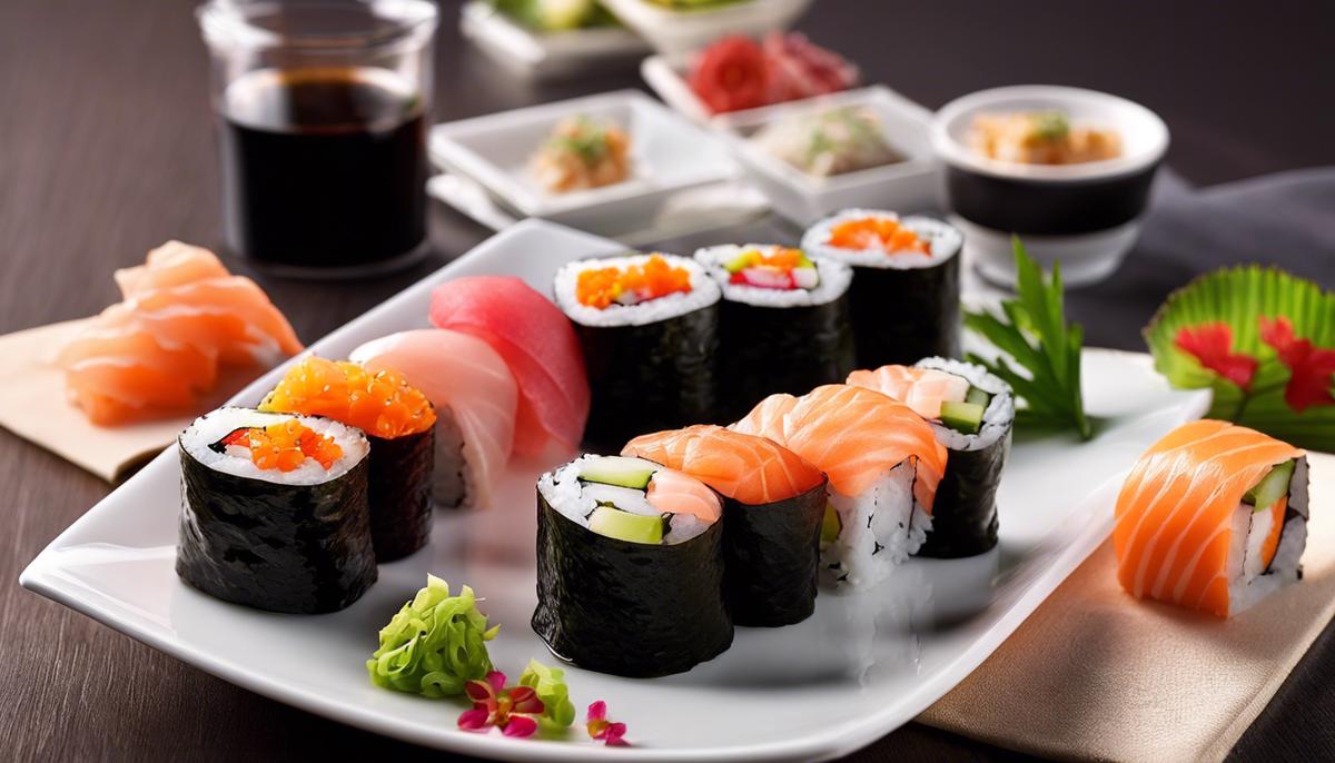 Descripción de la imagen: Combinación de sushi y series que combina estética y entretenimiento.