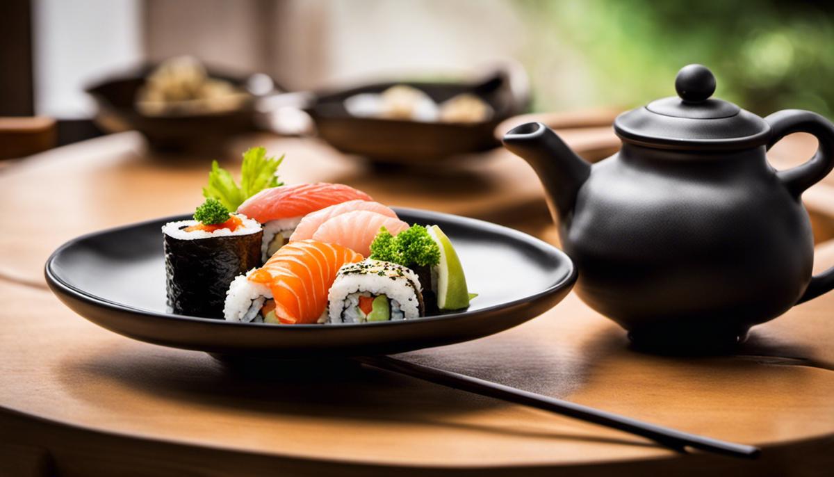 A picture of delicious sushi and a teapot on a wooden table.