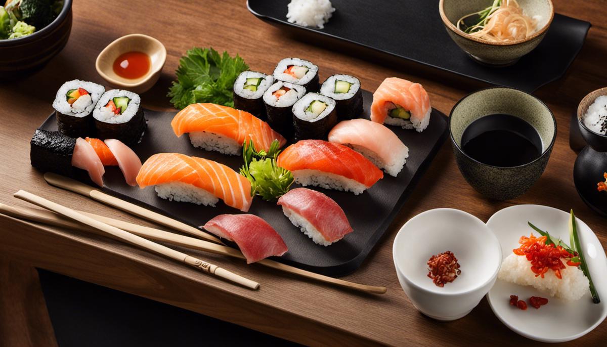 Imagen de utensilios de sushi, incluyendo una esterilla Makisu, un cuenco hangiri y un cuchillo Yanagiba, todos juntos en una cocina.