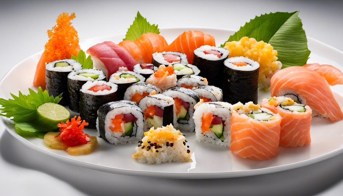 An image showcasing different types of sushi with a variety of toppings and fillings
