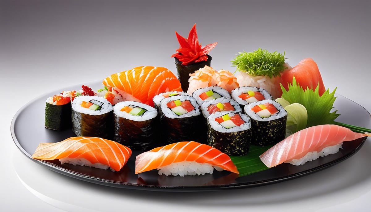 Una imagen deliciosa que muestra una variedad de variaciones regionales de sushi