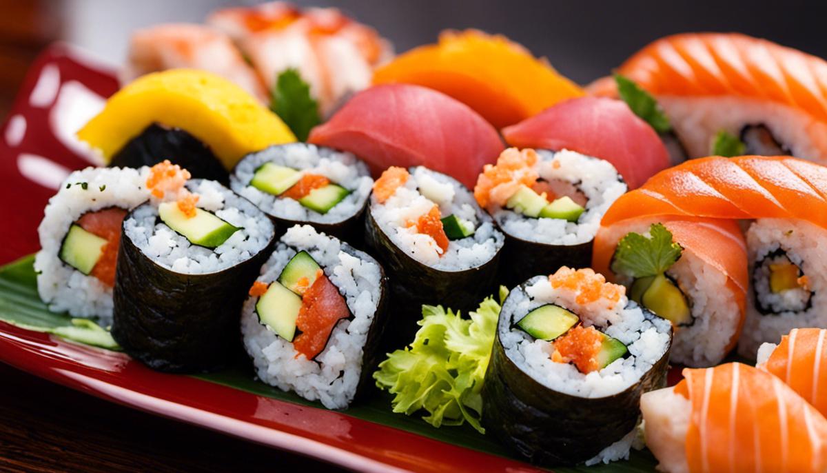 Varios tipos de rollos de sushi expuestos juntos en una bandeja.