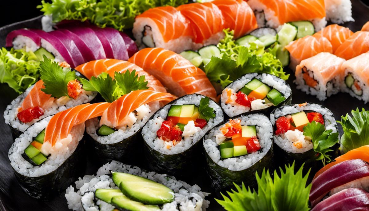A diverse selection of sushi rolls with various colorful ingredients