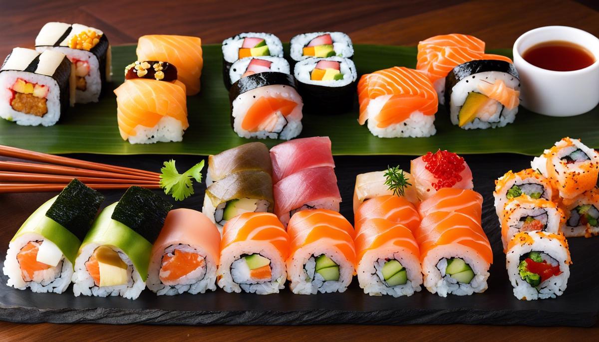 Varios tipos de rollos de sushi con diferentes rellenos y aderezos