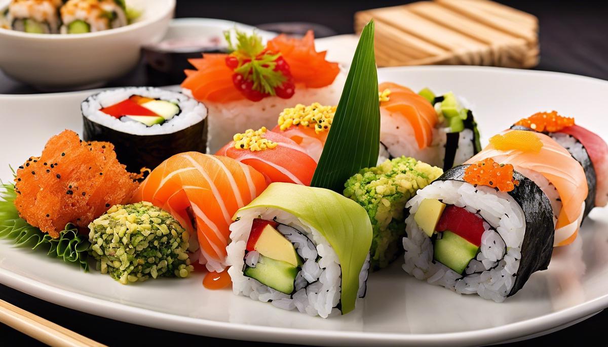 Una variedad de rollos de sushi veganos y tradicionales, con diferentes ingredientes y texturas.