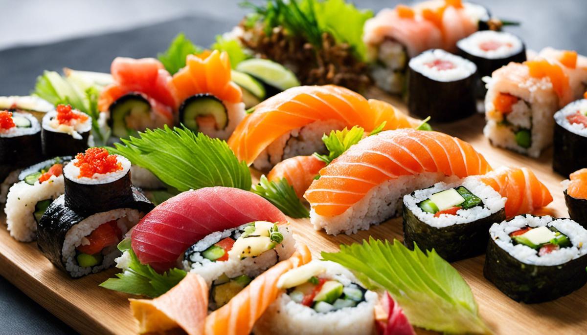 Una selección de aperitivos de sushi creativos, bellamente arreglados con colores vibrantes.