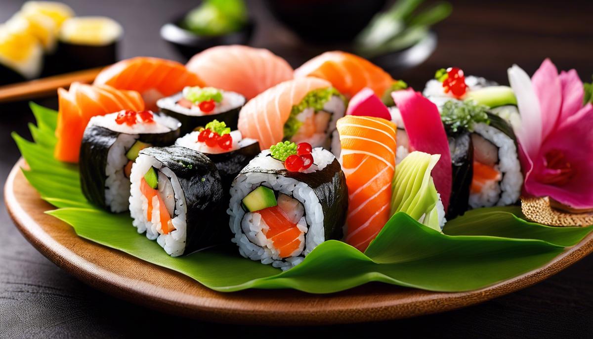 Una variedad de rollos de sushi bellamente dispuestos en un plato, que representan el tema del sushi y la reducción de peso.