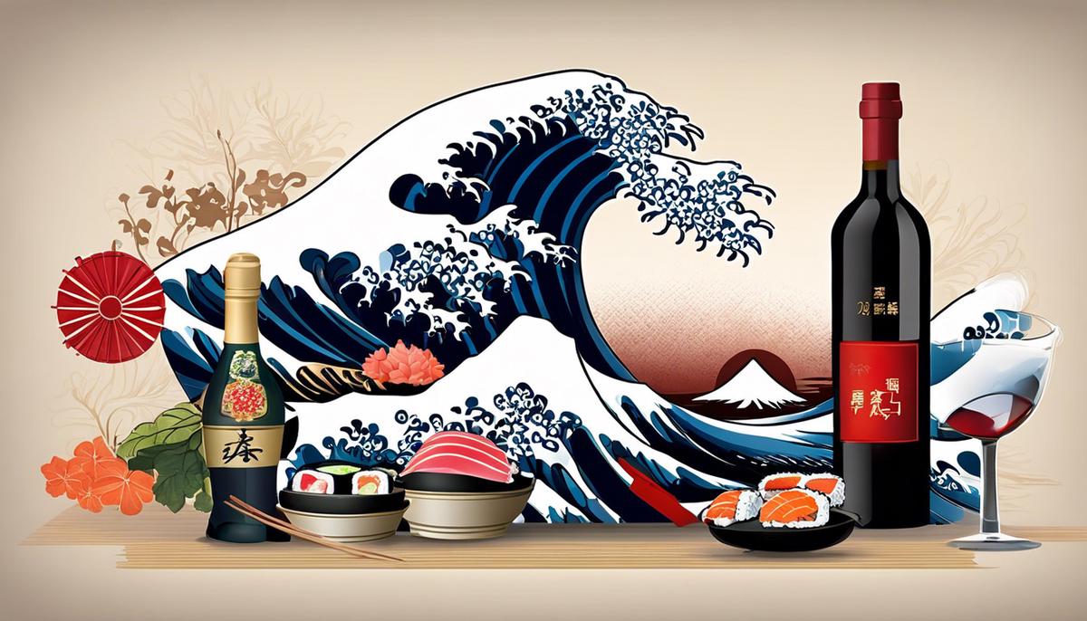 Ein Bild von verschiedenen Sushisorten und einer Flasche Wein, um die Bedeutung der Sushi-Wein-Paarung zu illustrieren