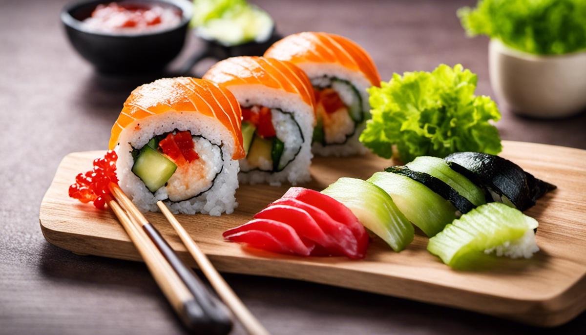 Imagen de sushi enrollado a mano sin nori, relleno de varios ingredientes y adornado con salsa de soja, wasabi y jengibre en escabeche.