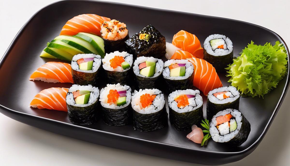 Un plato de rollos de sushi con varios ingredientes, que muestra la adaptación global del sushi.