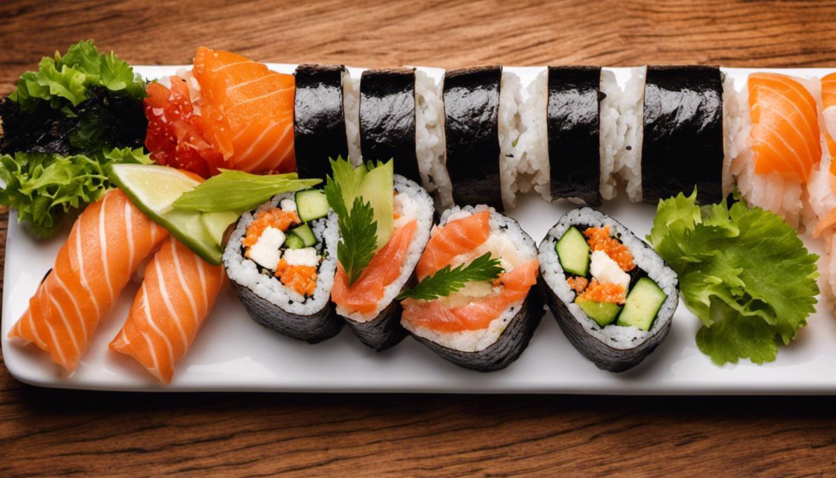 A close-up image of various types of sushi rolls on a wooden platter