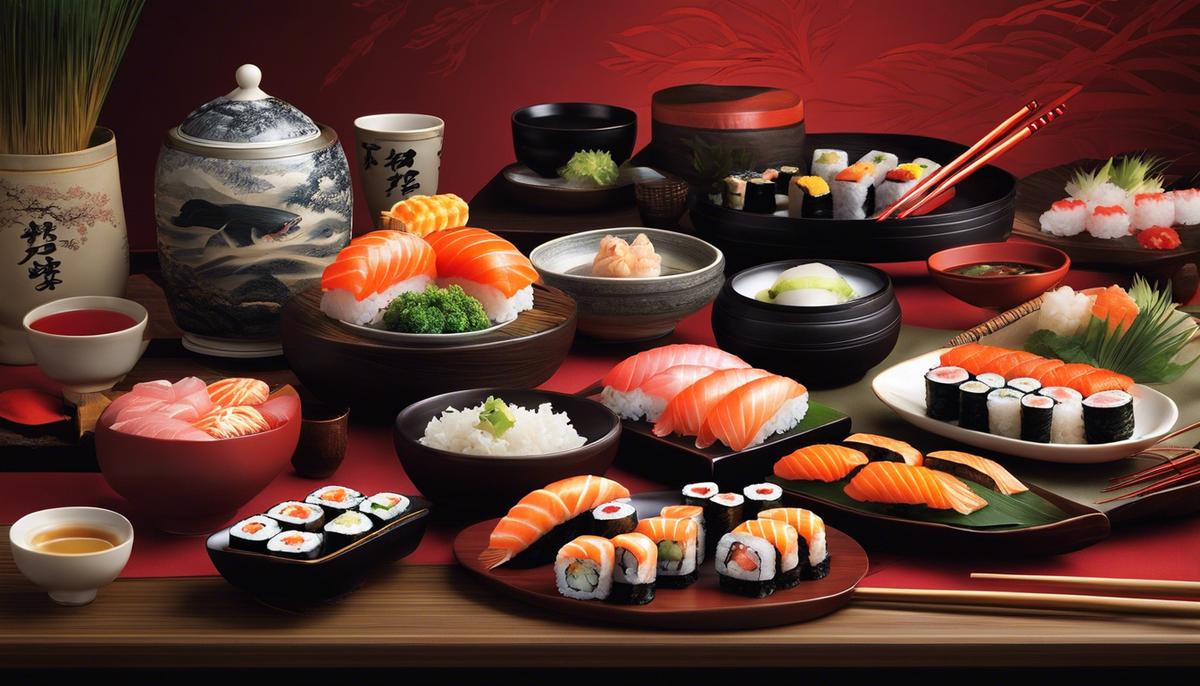 Una representación visual de la historia del sushi, que muestra varios rollos de sushi, un plato de arroz y obras de arte tradicionales japonesas, todo ello simbolizando el significado cultural del sushi.
