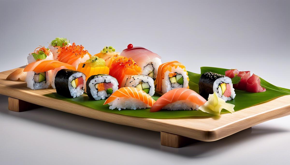Un plato de sushi que muestra la sostenibilidad, con colores vibrantes, ingredientes frescos y una presentación visualmente atractiva