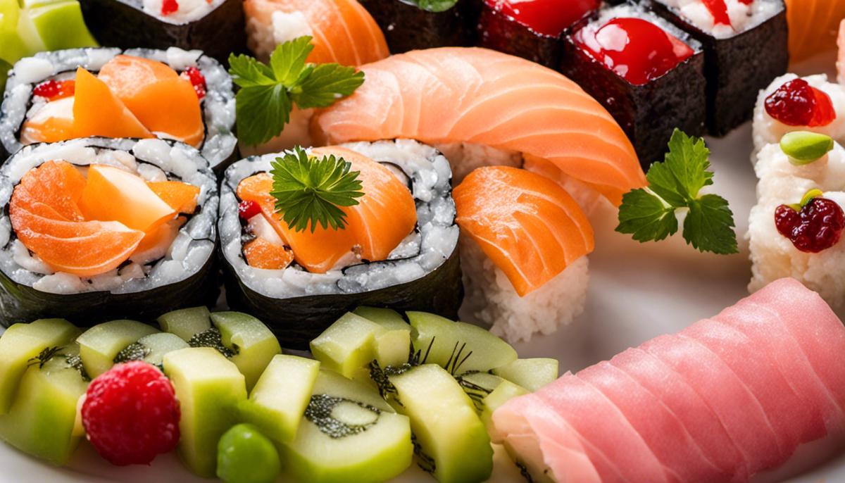 Una imagen en primer plano de varias frutas, cremas y salsas utilizadas como ingredientes para rollos de sushi dulces.