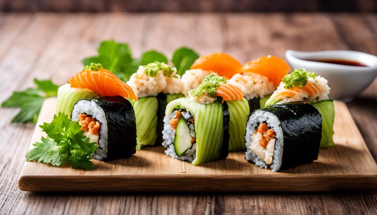 Imagen de sushi vegano fresco con tofu, algas, especias y salsas