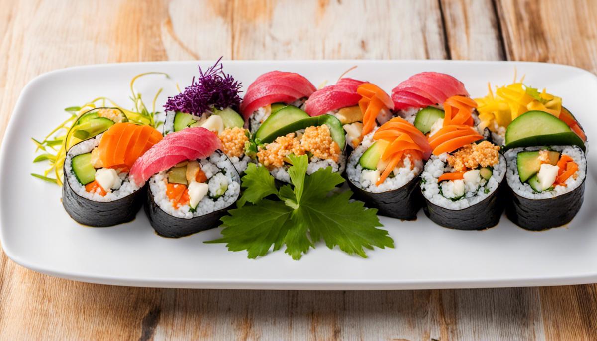 A plate of colorful vegan sushi rolls, filled with various vegetables and topped with sesame seeds and vegan mayo
