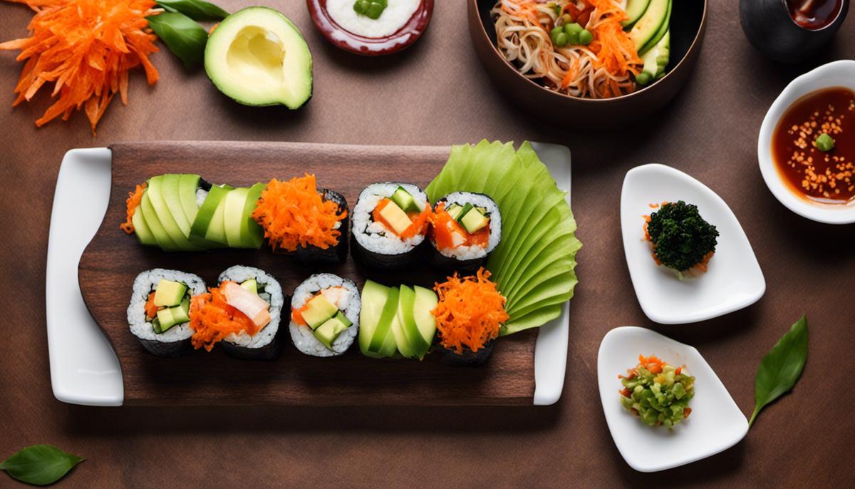 Imagen de colorido sushi vegano con rábano, aguacate y kimchi para un impresionante placer visual