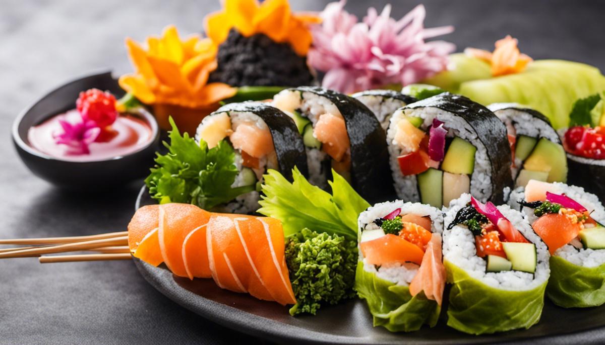A plate of colorful vegan sushi rolls, filled with various vegetables and fruit, wrapped in nori seaweed and served with soy sauce.