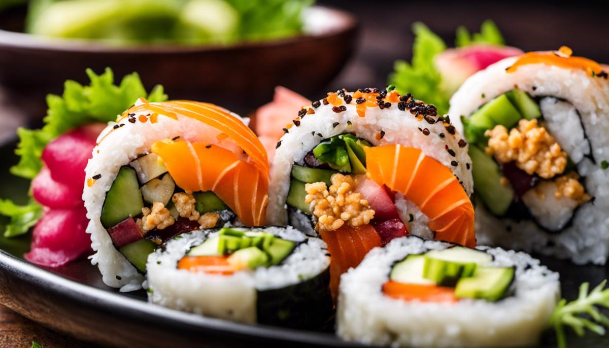 A delicious plate of vegetarian sushi rolls with a variety of colorful fillings