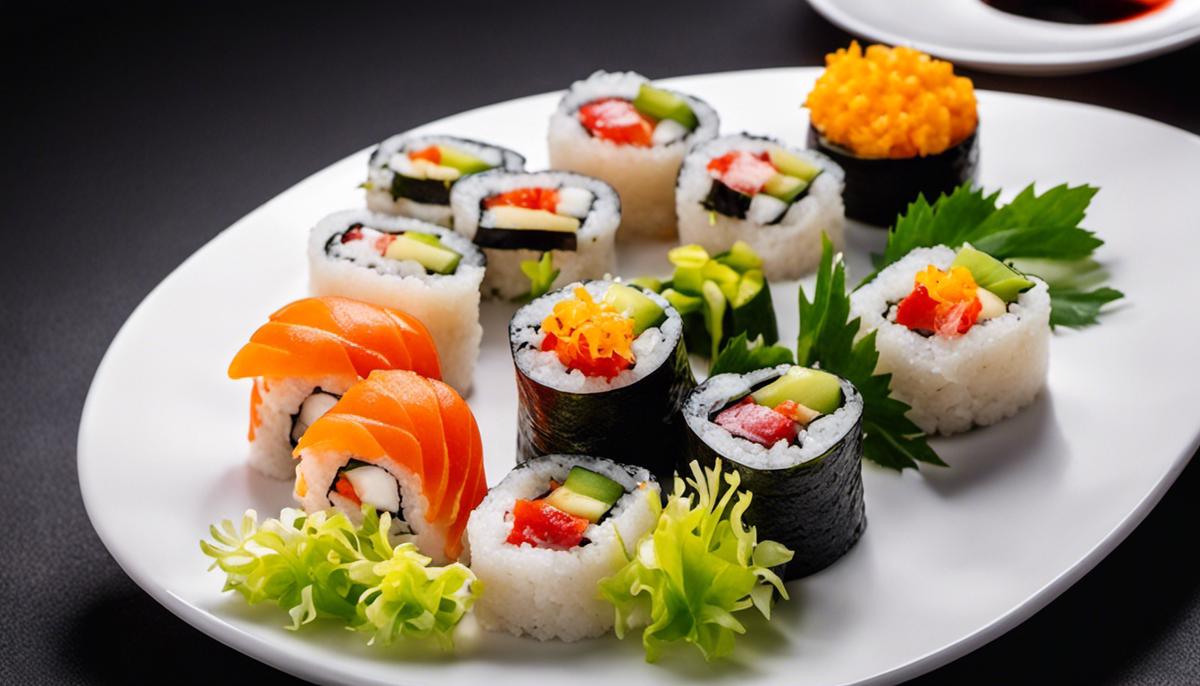 Imagen de sushi vegetariano ingeniosamente arreglado en un plato