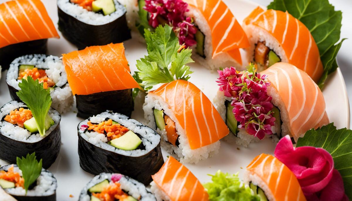 Un delicioso plato de sushi vegetariano con una variedad de rellenos coloridos.